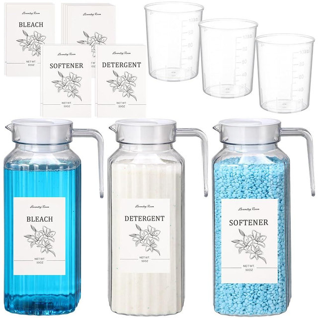Potchen 3 Pcs 50 oz Laundry Detergent Dispenser Fabric Softener Dispenser with Labels Measuring Cups Soap Bleach Container Liquid Detergent Containers for Laundry Room Organization Storage