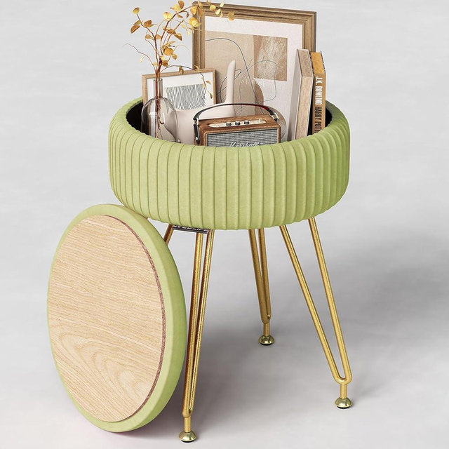 Redlife Vanity Stool with Storage, Round Makeup Vanity Stool, Velvet Vanity Stool Chair, Stool for Vanity, Storage Ottoman Stool, Multifunctional Small Vanity Stool with 4 Gold Legs(Light Green)