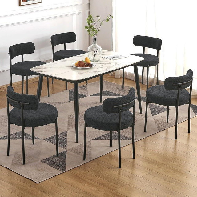 EDWELL Dining Chairs Set of 6, Black Dining Room Chairs, Mid Century Modern Boucle Chairs for Kitchen, Living Room, Round Upholstered Kitchen Chairs with Black Metal Legs, Curved Backrest
