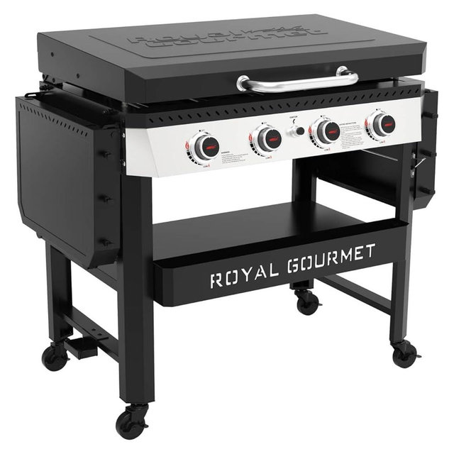 Royal Gourmet GB4007P 4 Burner Propane Gas Griddle with Hood, 34-Inch Flat Top Grill with Folding Side Tables for Outdoor Cooking like Camping or Tailgating, Black & Silver