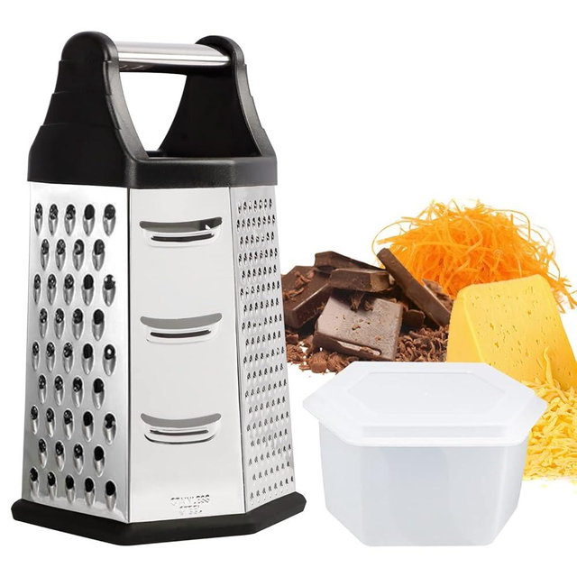 Box Grater, Cheese Grater Shredder Stainless Steel with 6 Sides, Best for Parmesan Cheese, Vegetables, Potatoes, Carrot, Ginger, Mandoline Vegetable Slicer with Detachable Container, Silver