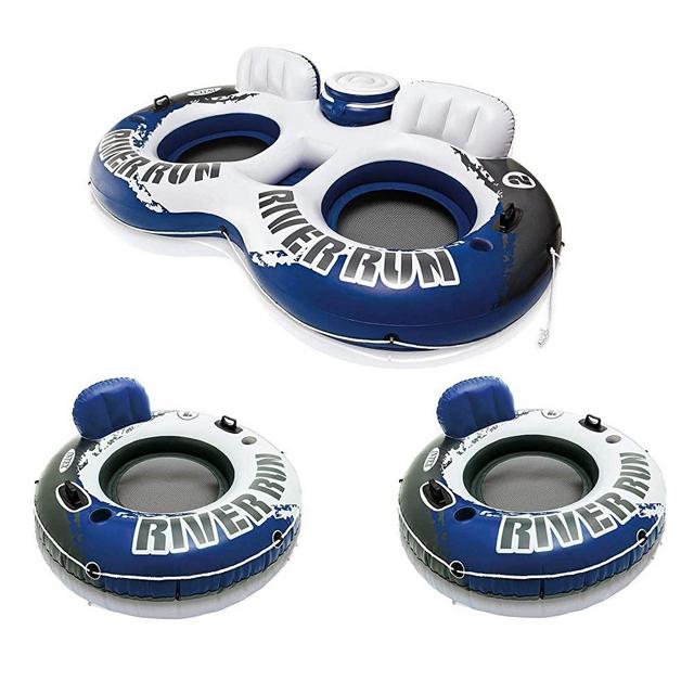 Intex River Run II Inflatable 2 Person Pool Tube Float + 2 Single Water Rafts