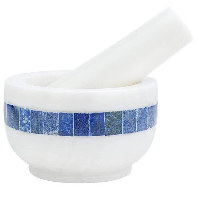 Crocon White Marble Mortar & Pestle Lapis Lazuli Stone Line Kutni Set Spice Herb Grinder Handmade Mortar and Pestle Polished Pill Crusher for Kitchen Decorative Best Gift Size:-(LXBXH) (10X10X9Cm)