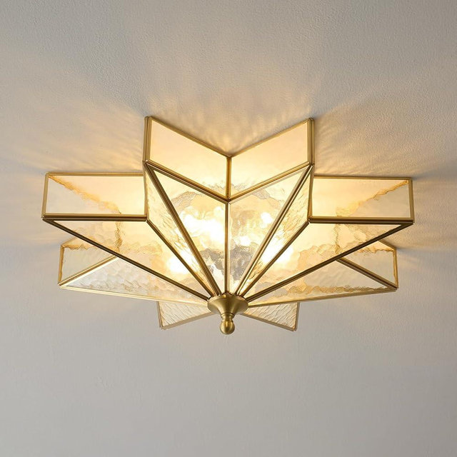 Mazu house Star Brass Glass Ceiling Light - 19.5 In Gold Hammered Large Flush Mount Fixture - Art Deco Mid Century Vintage Modern Moravian Lighting Lights for Bedroom Dining Entryway Foyer Living Room