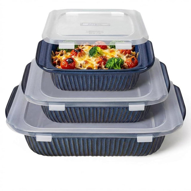 Artena Casserole Dishes For Oven, Ceramic Baking Dish, Large Lasagna Pan With Handles, Baking Pan Casserole Dish, Rectangular Bakeware Deep, Set Of 3 (5.1Qt/2.3Qt/1.1Qt) (Blue - Baking Dish With Lids)
