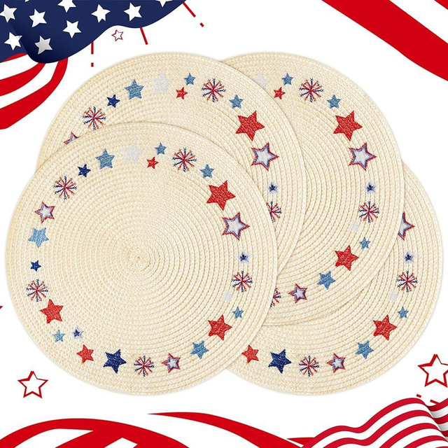 R HORSE 4th of July Patriotic Round Placemats Set, 4Pcs America Flag Stars Element Patterned Placemats, Memorial Day Independence Day Table Mats for Party Kitchen Dining Decorations