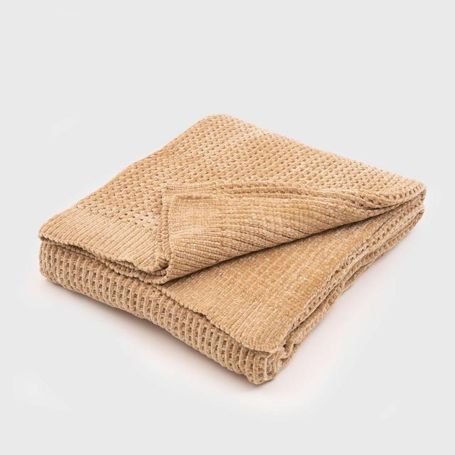 50"x60" Shiny Waffle Chenille Knit Throw Blanket Chambray Tan - Evergrace