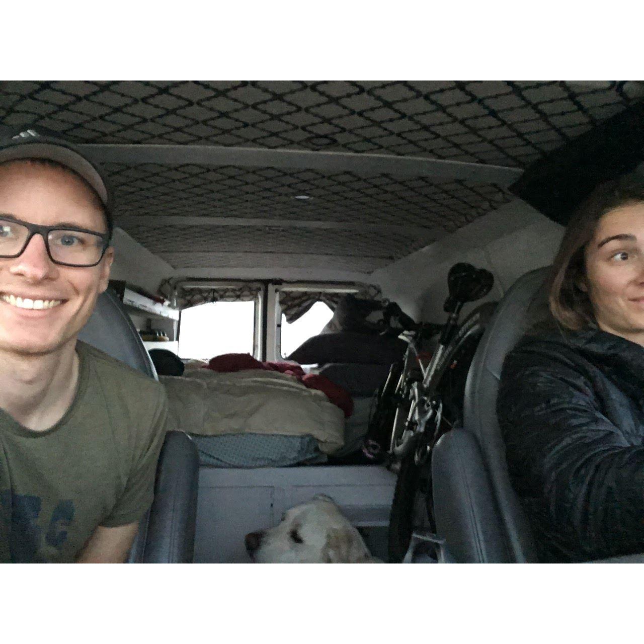 Geared up in the van for two weeks of climbing and biking through Utah, Arizona, Nevada, and California.