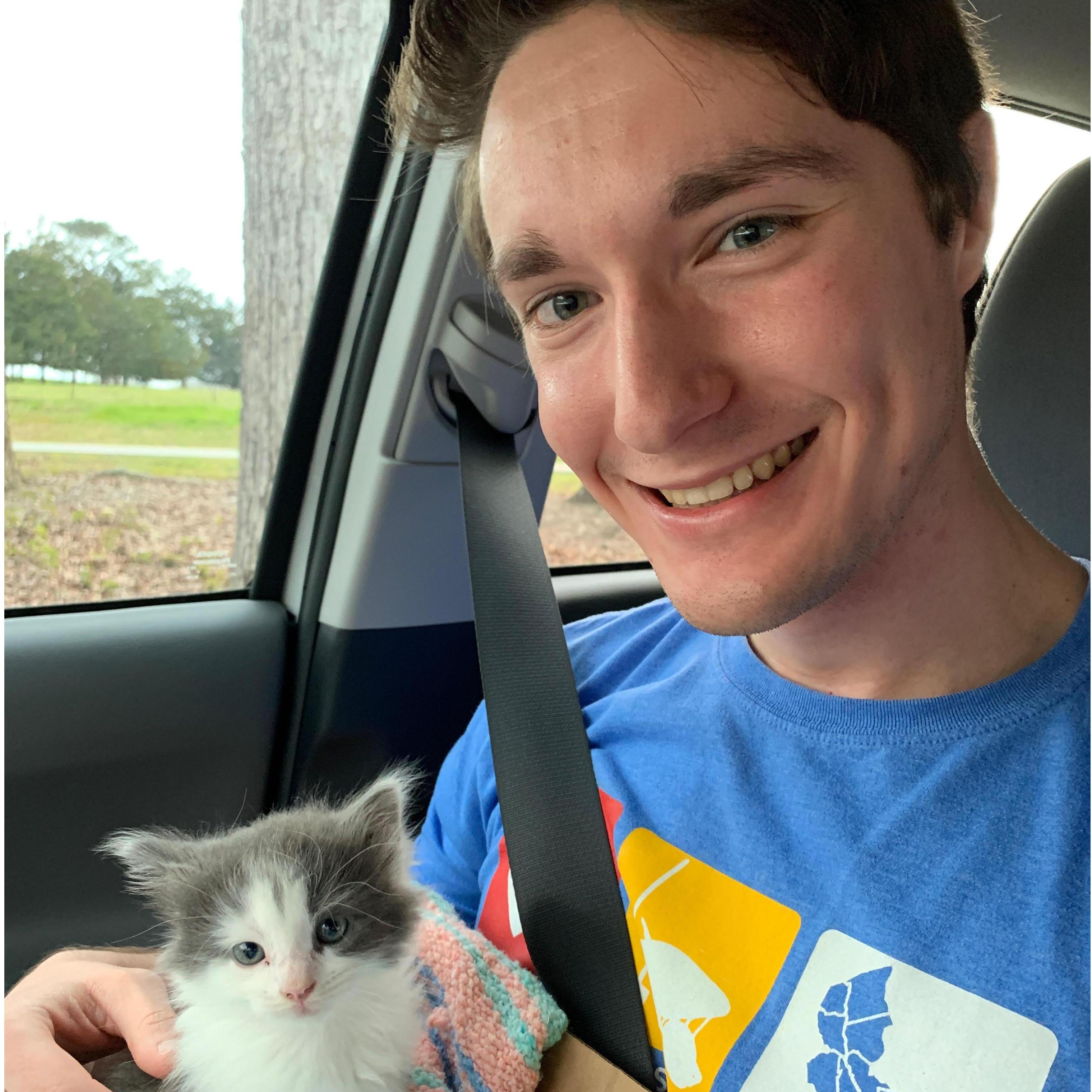 The day we got our kitties! Blue is pictured; however, it took us another whole week to get Mittsy because her birth-family couldn't find her in their home when it was time to pick her up!