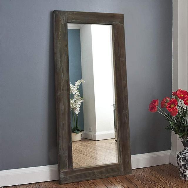 ZHOWI Floor Mirror Full Length Rustic Wood Frame Body Full Size Large Leaning Wall Mounted Rectangle Farmhouse Decorative Wall Hanging Bedroom Living Room Mirrors (58x24in, Grey)