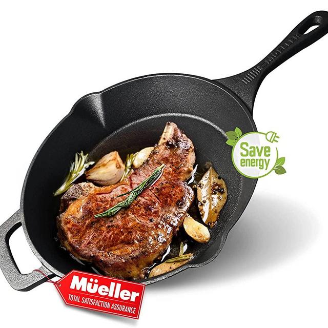 Mueller Pre-Seasoned Heavy-Duty Healthy Cast Iron Skillet 10-inch, Cast Iron Pan, Dual Handles & Dual Pouring Lips, Safe across All Cooktops, Oven, BBQ, or Campfire
