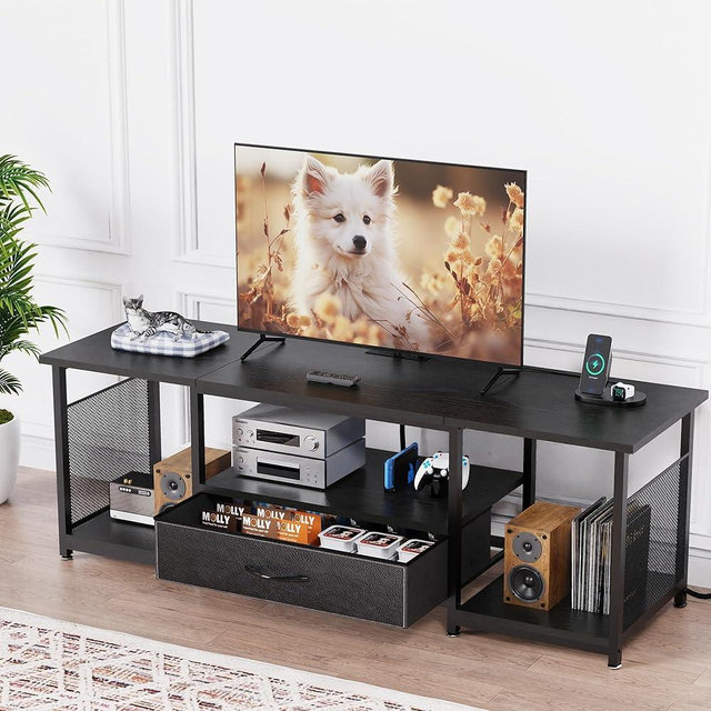 eiskah TV Stand with Drawers and Power Outlet for 65 60 55 Inch TV, Entertainment Center with Open Storage Shelves, Industrial Media TV Console Table for Living Room Bedroom Office, Black