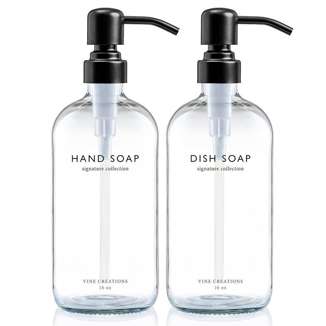 Vine Creations Clear Glass Soap Dispenser Set, Dish Soap and Hand Soap Dispenser Set with Stainless Steel Pump, 16 oz Glass Dispensers for Kitchen Bathroom Decor (Clear Bottle/Matte Black Pump)