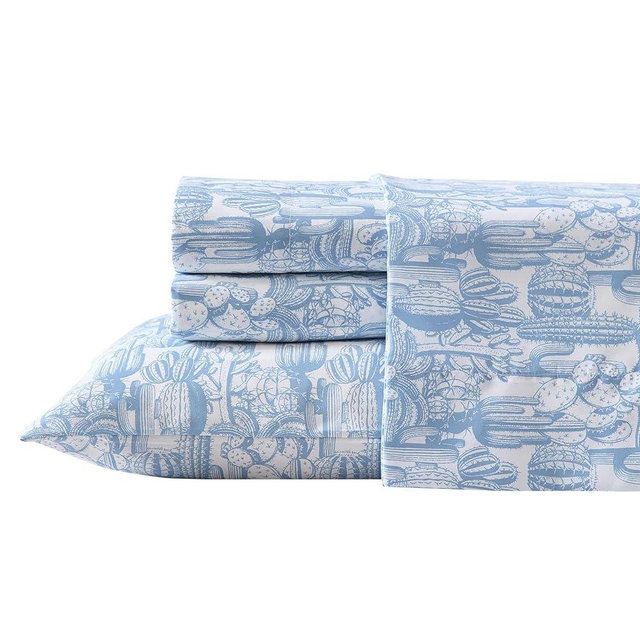 Wrangler - Sheet Set, Breathable & Wrinkle Resistant Bedding with Matching Pillowcases, Yellowstone Inspired, Fully Elasticized (Cactus Toile Blue, King)