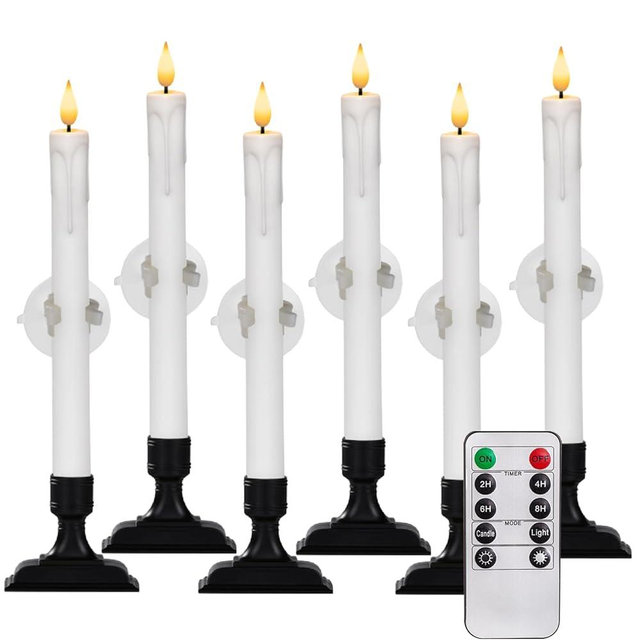 Homemory 6 Pcs Window Candles with Remote Timer Dimmer, Battery Operated Candlesticks with Holders and Suctions, White LED Christmas Candle for Window Xmas Holiday Decor