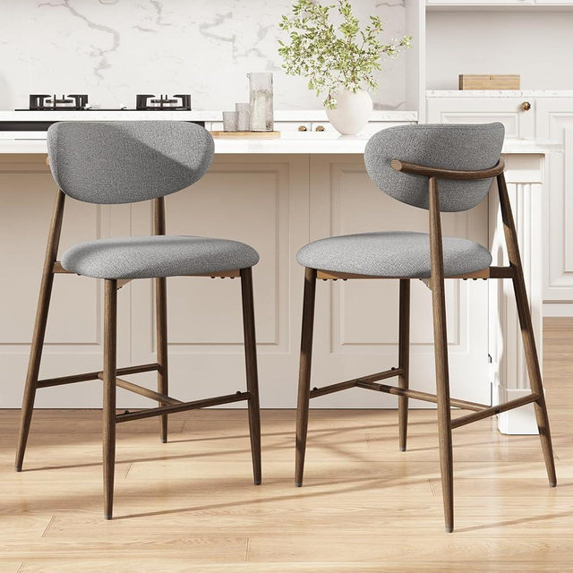 MALOL Bar Stools Set of 2, Counter Height bar stools, Kitchen Bar Stools with Backs, Modern Upholstered, Modern Bar Stools with Metal Legs for Kitchen Island, Counter, Light Grey