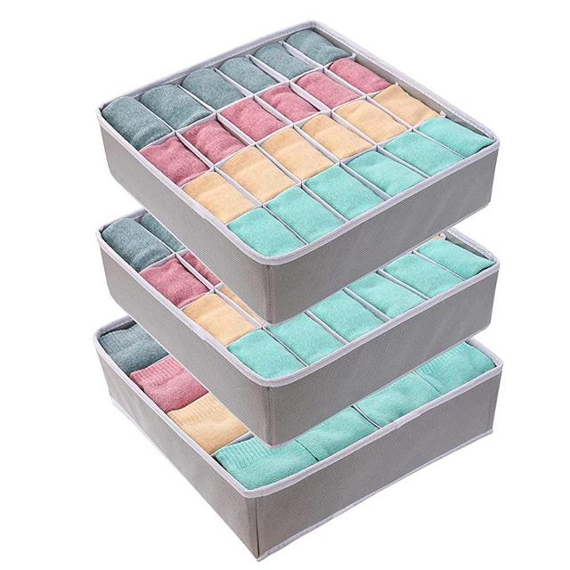 GOGOODA Sock and Underwear Organizer, 64 Cell Dresser Drawer Organizers for Socks, Undies, Ties, (16+24+24 Cell, light gray)