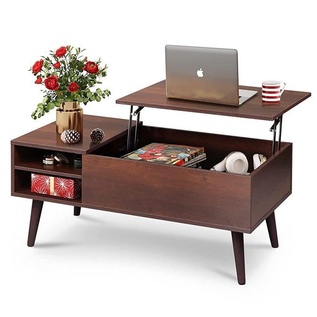 WLIVE Lift Top Coffee Table for Living Room,Small Coffee Table with Storage,Hidden Compartment and Adjustable Shelf,Mid Century Modern Coffee Table,Wood,Cherry,Espresso.