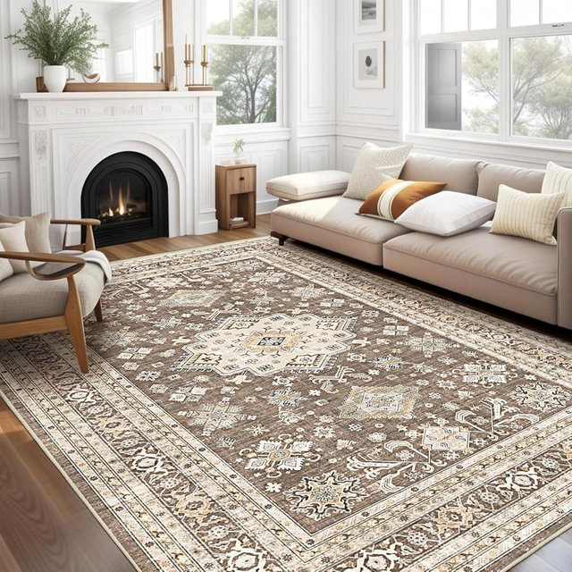 Vintage Living Room Area Rug 9x12 - Large Soft Washable Oriental Traditional Distressed Farmhouse Rugs for Bedroom - Indoor Floor Accent Carpet for Home Office House Decor - Dark Brown