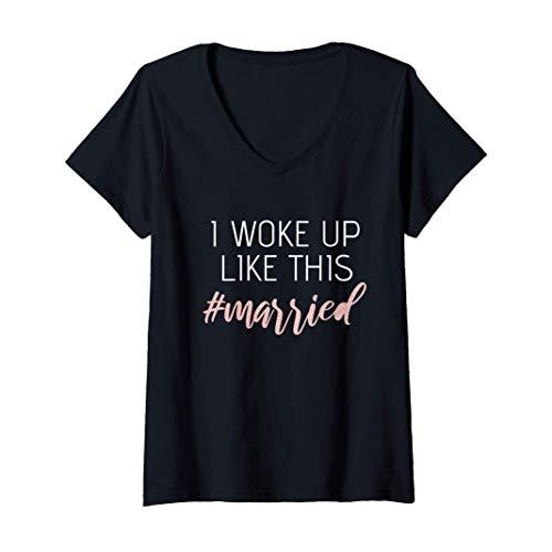 Womens Cute Honeymoon Shirt I Woke Up Like This # Married V-Neck T-Shirt