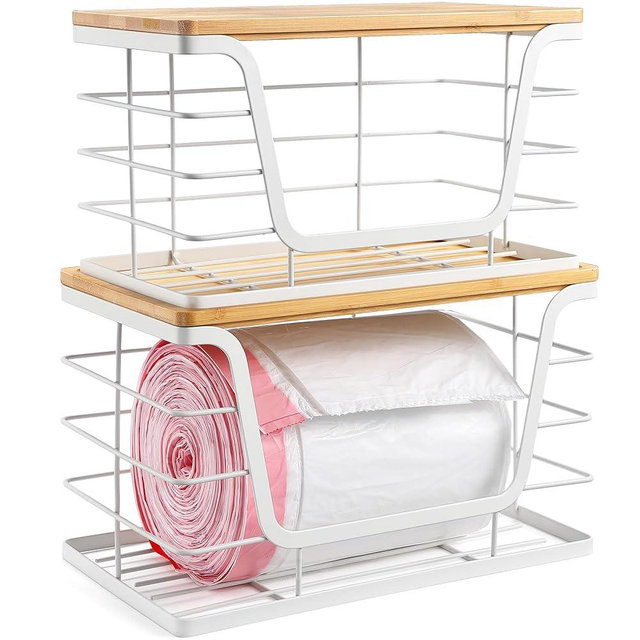 ALOCEO 2 Pack Extra Large Trash Bag Holder with Bamboo Top, Wall Mount Stainless Steel Organization and Storage for Kitchen Sink, White