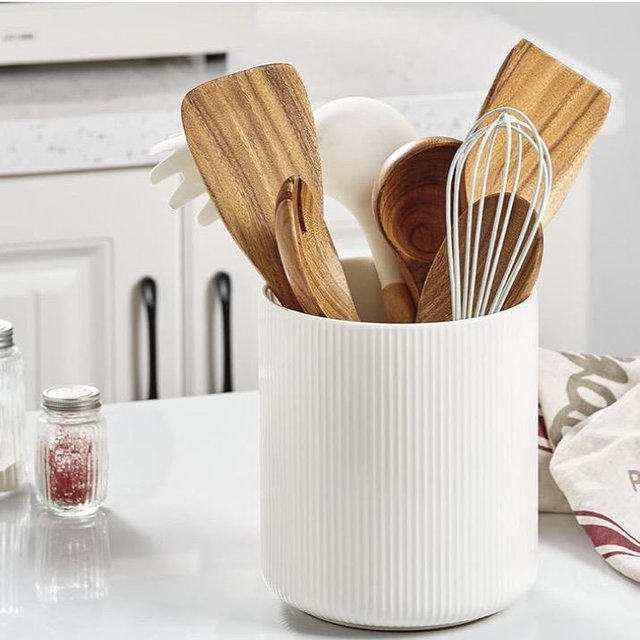 getstar Large Kitchen Utensil Holder, 7.2" Vintage Ceramic Utensils Crocks for Kitchen Counter with Non-Slip Cork Mat, Farmhouse Cooking Tool Organizer for Kitchen Counter Decor