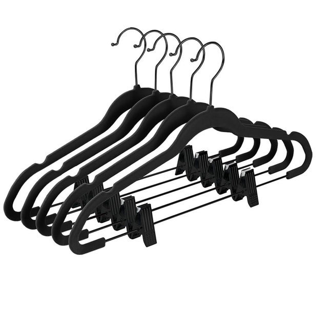 MIZGI Premium All Black Velvet Pants Hangers with Adjustable Clips (Pack of 20) Slim Skirt Hangers- Non Slip Felt Outfit Dress Hangers- Black Hooks,Space Saving Shirt Clothes Hangers