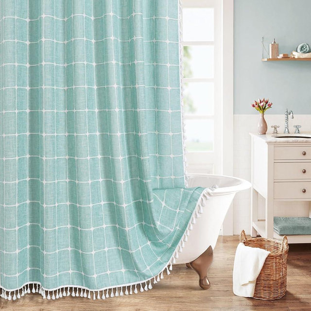MitoVilla Teal Blue Boho Shower Curtains for Modern Farmhouse Bathroom Decor, Turquoise Country Thick Cotton Linen Fabric Shower Curtain with Tassel, 72 x 72