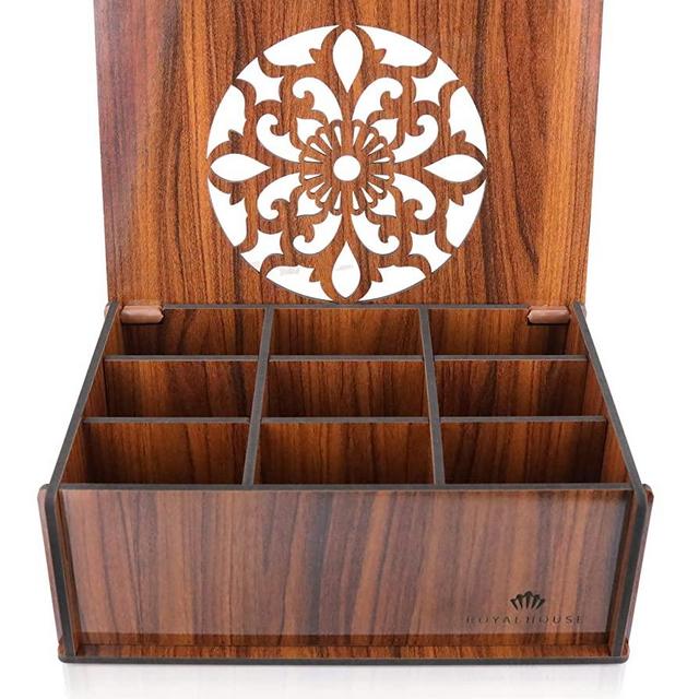 ROYALHOUSE Premium Wood (Hard MDF) Tea Box Storage Organizer (Brown), 9 Compartments
