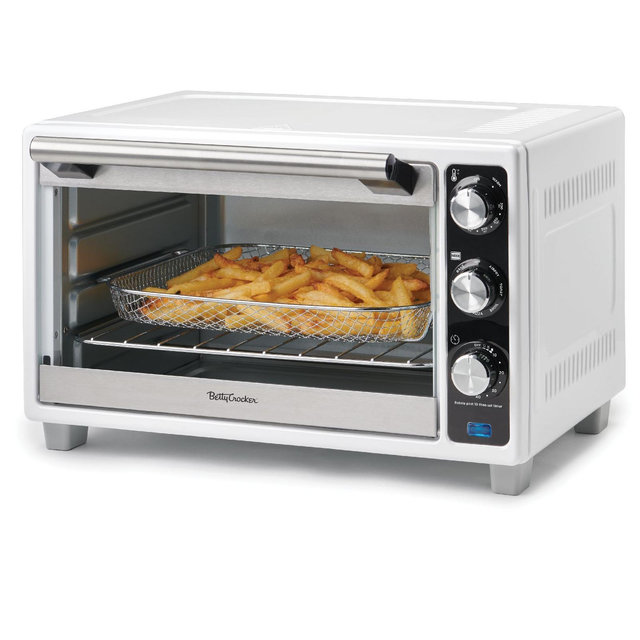 Betty Crocker Air Fryer Convection Toaster Oven, 0.8 Cu. Ft. 6 Slice Capacity, 7 Functions, Pizza, Bagel, Roast, Bake & Keep Warm Settings, White