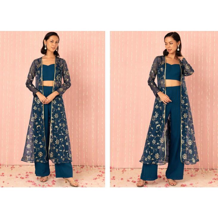 Indo-western pant set with patterned duster/jacket
