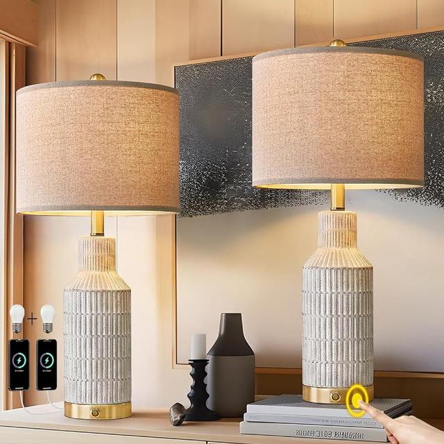USumkky 25" Modern 3-Way Dimmable Touch Control with USB A+C Ceramic Lamps Set of 2 Table Lamp for Living Room Bedroom Farmhouse Nightstand Bedside Lamps (White-Washed)