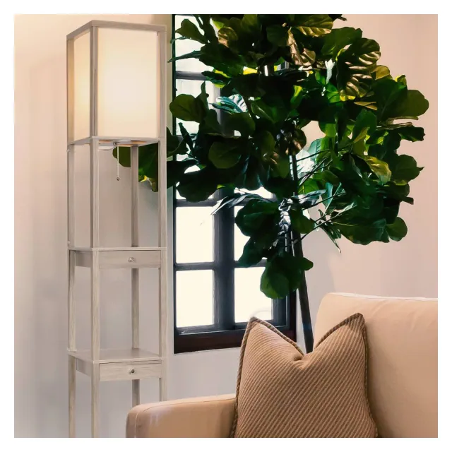 Brightech Maxwell Mid-Century Column Shelf & Draweer Floor Lamp Polished Rustic Wood