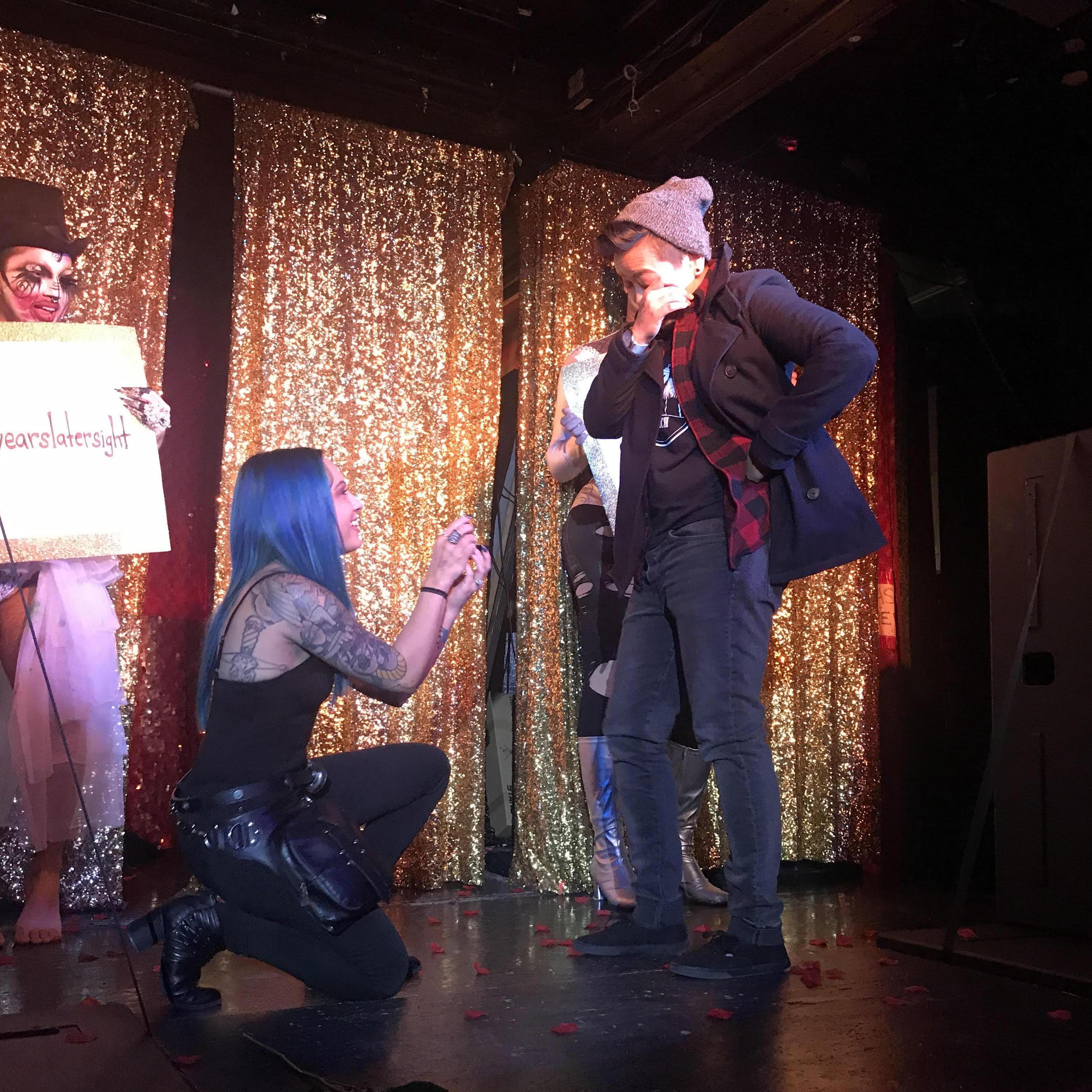 When Mandy popped the question back at Sonya at drag bingo in SF.