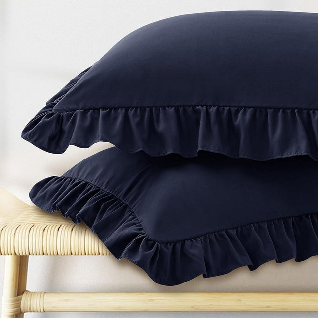 KKJIAF Ruffle Pillow Cases King Size Set of 2, Ruffled Pillow Covers with Envelope Closure, Wrinkle Resistant Ruffled Pillow Shams 20" x 36", Navy Blue