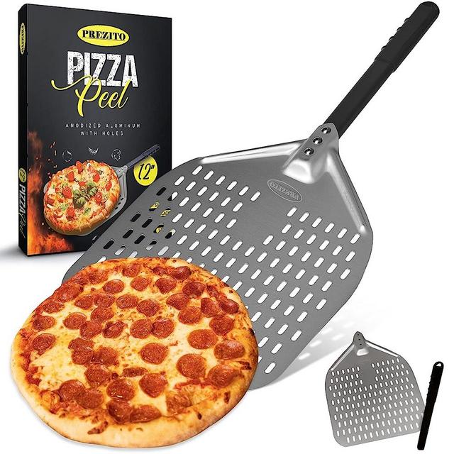 PREZITO Perforated Pizza Peel 12 inch, Non-Stick and Durable Aluminum Metal Pizza Peel with 12” Long Insulated Silicone Handle - 12” x 14”, 26 inch Overall