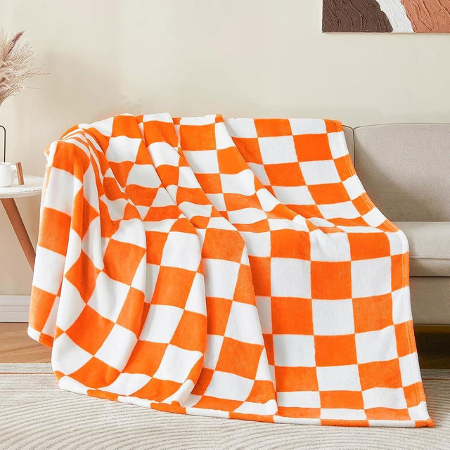 BEDELITE Checkered Throw Blanket for Couch, Soft & Cozy Fleece Flannel Blanket with Checkerboard Grid Home Decor, Checkered Orange Tennessee Blanket, 50x60 Inches