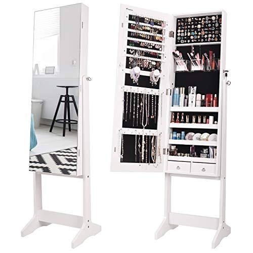 Nicetree Jewelry Cabinet with Full-Length Mirror, Standing Lockable Jewelry Armoire Organizer, 3 Angel Adjustable, White
