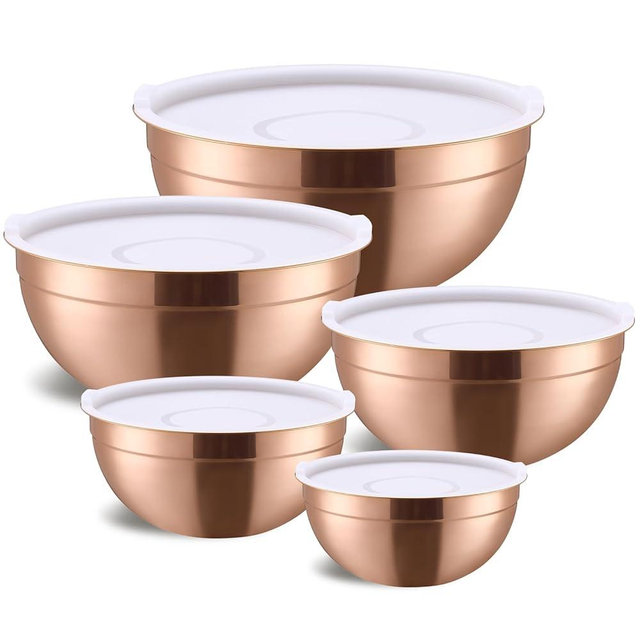 Moxinox Rose Gold Mixing Bowls with Airtight Lids, Stainless Steel Nesting Mixing Bowls Set of 5, Ideal for Baking, Prepping and Serving Food, Size 5.5, 3.6, 2.7, 2.1, 1.5, QT, Stackable Design