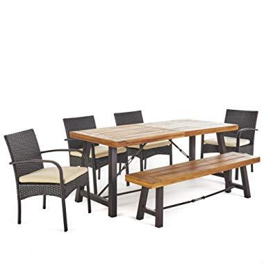 Christopher Knight Home 302558 Belham Outdoor 6 Piece Teak Finished Acacia Wood Dining Set with Multibrown W, Rustic Metal Crème