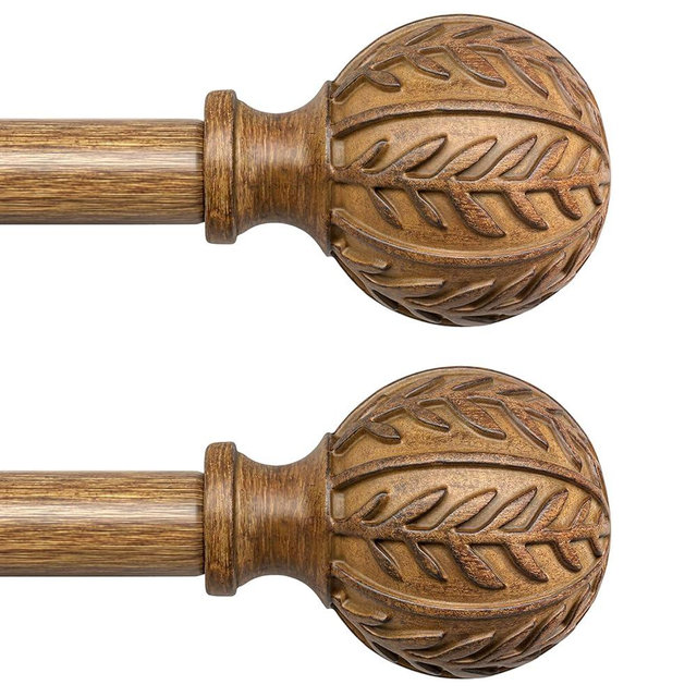 QDWIS 2 Pack Boho Wood Curtain Rods for Windows 28 to 48 inch,1" Adjustable Heavy Duty Window Curtain Rod with Imitation Wood Grain Finials,Rustic Decorative Drapery Rods Set 18-60'',Natural Wood