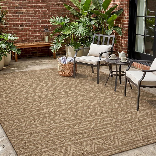 MontVoo-Outdoor Rug-Patio Rug 5x7 Polypropylene Indoor Outdoor Rugs Outdoor Carpet for Patio Deck Balcony Porch, Textured Weave, Durable for High Traffic, Fade-Resistant, Boho Farmhouse Neutral Brown