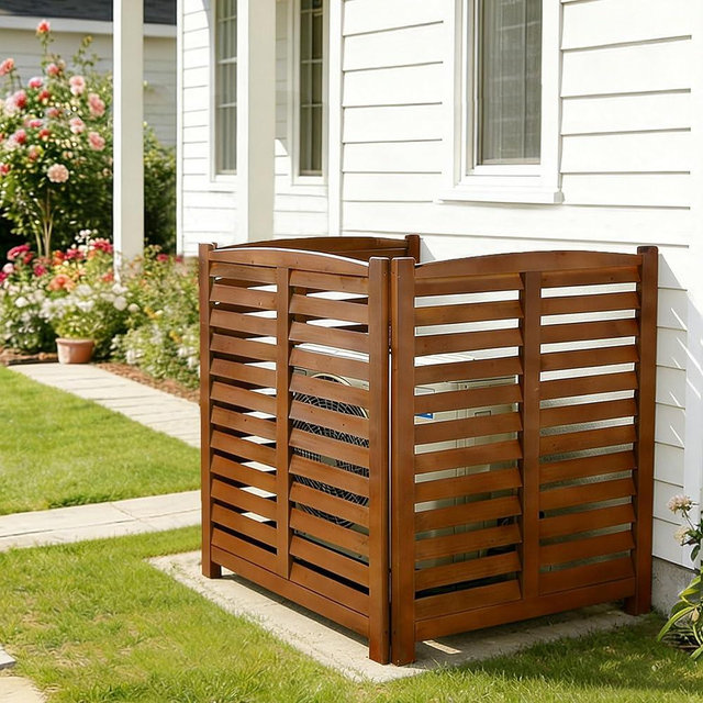 ELOMBR 32" W x 38" H Air Conditioner Fence, 3 Panel Trash Can Fence Screen for Outside Unit, No Dig Pool Equipment Enclosure, Wood Privacy AC Fence Panels for Garbage Outdoor, Natural