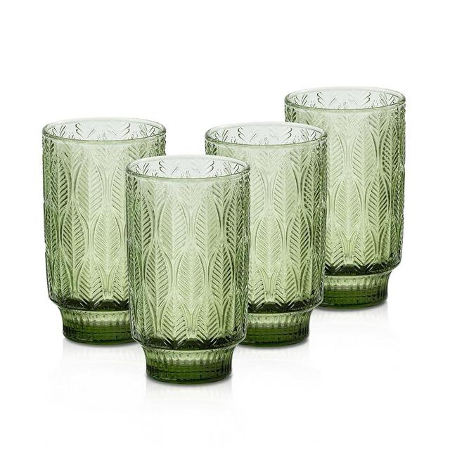 INSETLAN Glass Cups Vintage GlasswareDrinking Glass Set of 4, 15oz Romantic Water Glasses With Straw and Coaster, Embossed Pattern Style Cocktail Glasses Set, for Water, Whisky, Juice (Green)