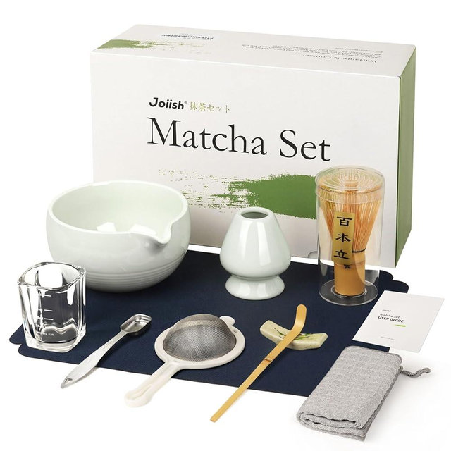 Joiish Matcha Tea Set 10-Pcs Kit, Whisk and Bowl with Spout & Measuring Spoon, Japanese Tea Making Tools, Grey