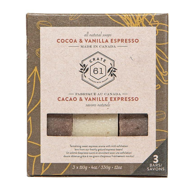 Crate 61, Handmade in Canada, Plant Based Cold Process Natural Bar Soap For Face And Body, With Premium Essential Oils, Eucalyptus & Peppermint For Men And Women 3 Pack (Cocoa Vanilla Espresso)
