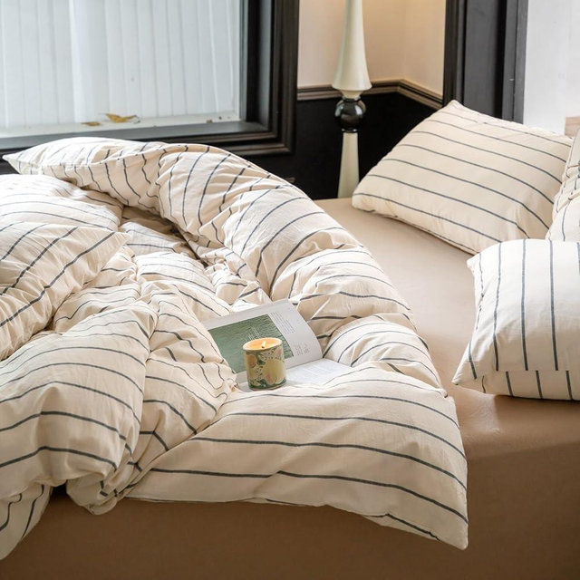 LifeTB Striped Comforter Set Full Size Grey Stripes Pattern Printed Comforter 3 Pieces Lightweight Boho Bedding Comforter Set for All Seasons Breathable Soft Fluffy Beige Comforter with 2 Pillowcases