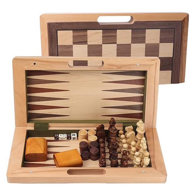 GSE 16" Deluxe 3-in-1 Wooden Folding Chess, Checker and Backgammon Board Game Combo Set, Portable Travel Chess Checker Backgammon Set for Kids & Adults