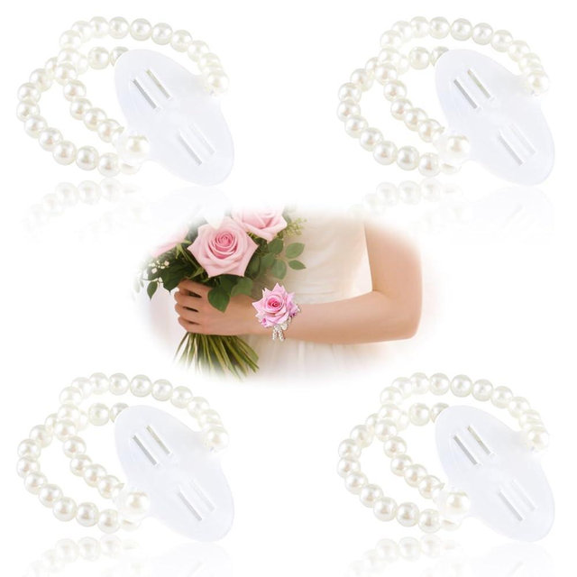HIONXMGA Corsage Wristlet Band 4 Pcs Elastic Pearl Wrist Corsage Bracelets Bands for Women, Stretch Pearl DIY Handmade Prom Flower Supplies Accessories for Wedding Graduation Party