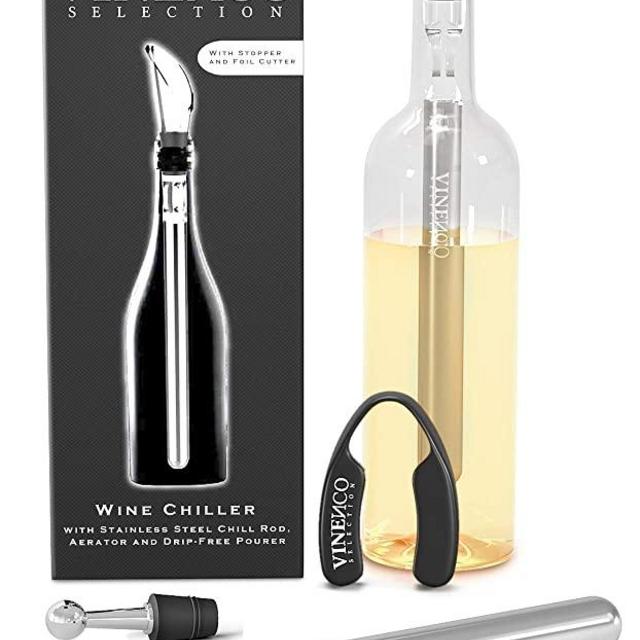 VINENCO Wine Chiller Set + Foil Cutter, Stopper, Storage Pouch & Ebook – Premium 3-in-1 Stainless Steel Bottle Cooler Stick, Decanting Aerator & Drip-Free Pourer | Design Bar Accessory Men Women